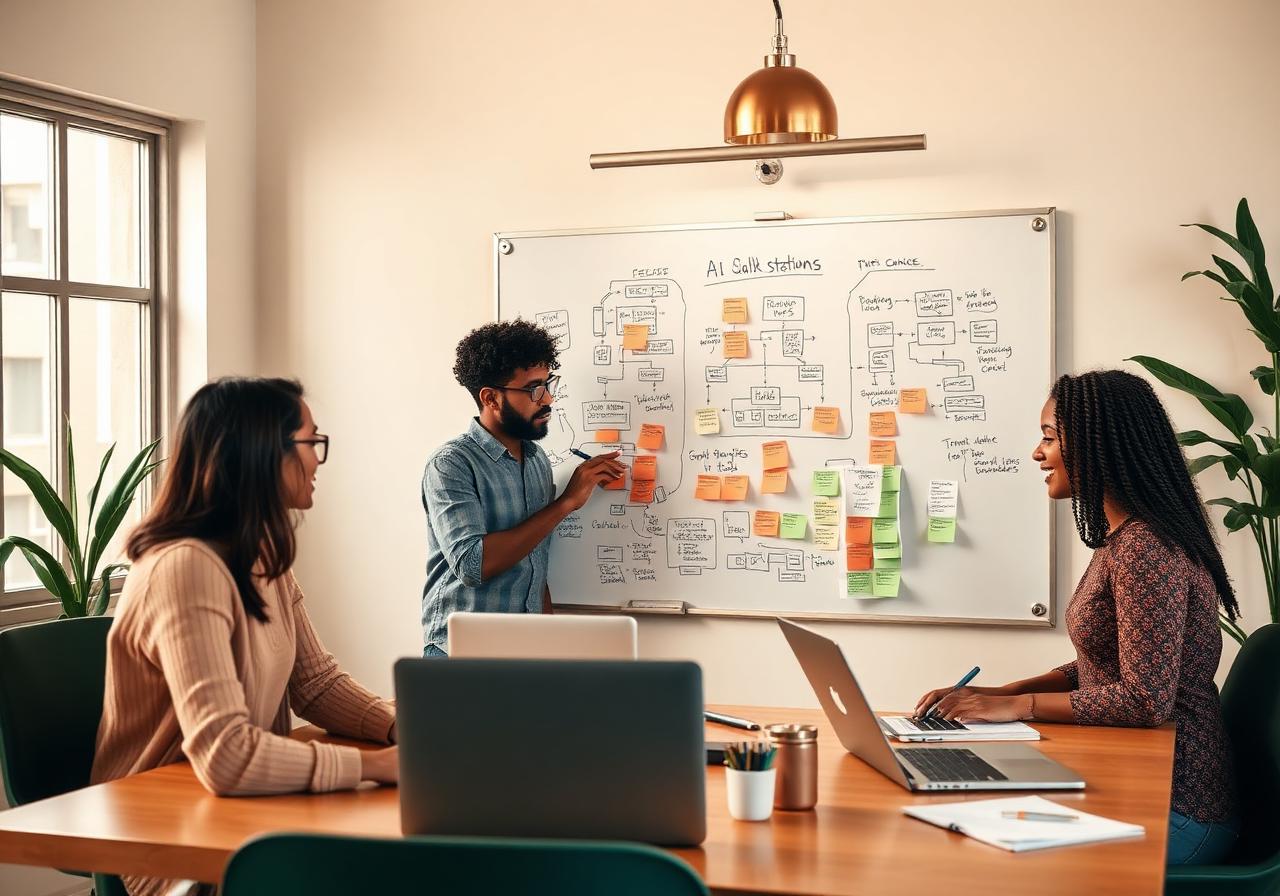 Cohort participants collaborating around an AI system whiteboard