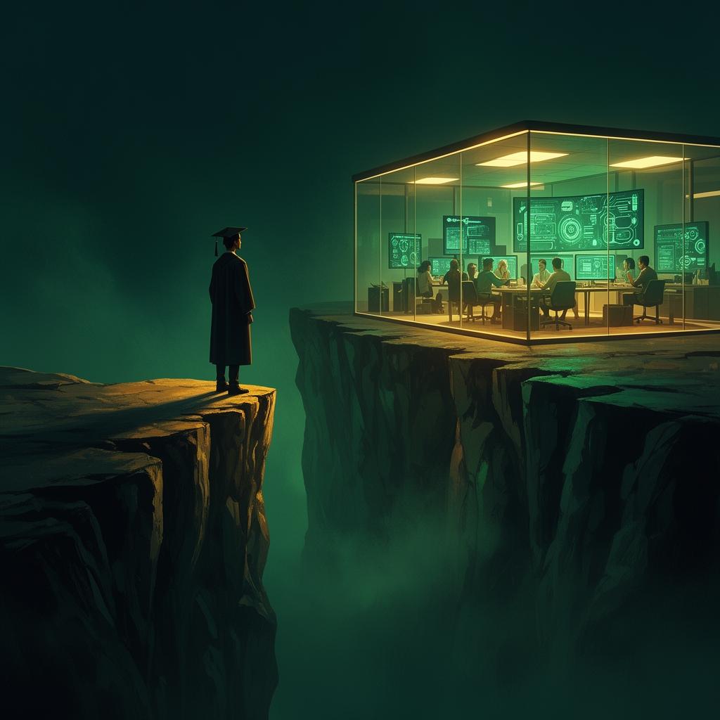 A graduate standing at the edge of a chasm looking toward a glowing tech office — the gap between classroom learning and industry work